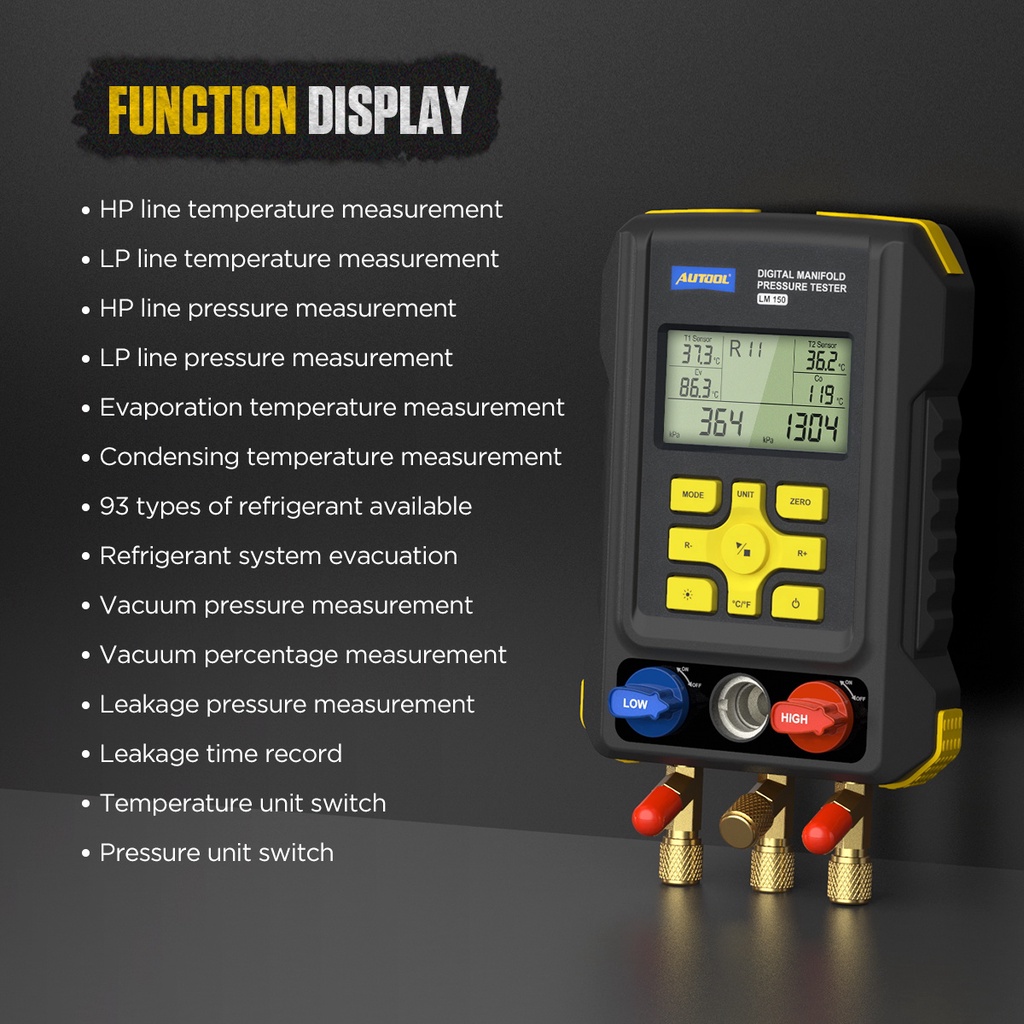 AUTOOL LM150 Digital Manifold Gauge Car Air Conditioner Pressure Tester ...