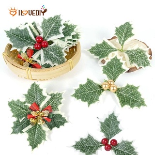 Christmas Artificial Holly Berry Green Leaves Ornaments Gold Red