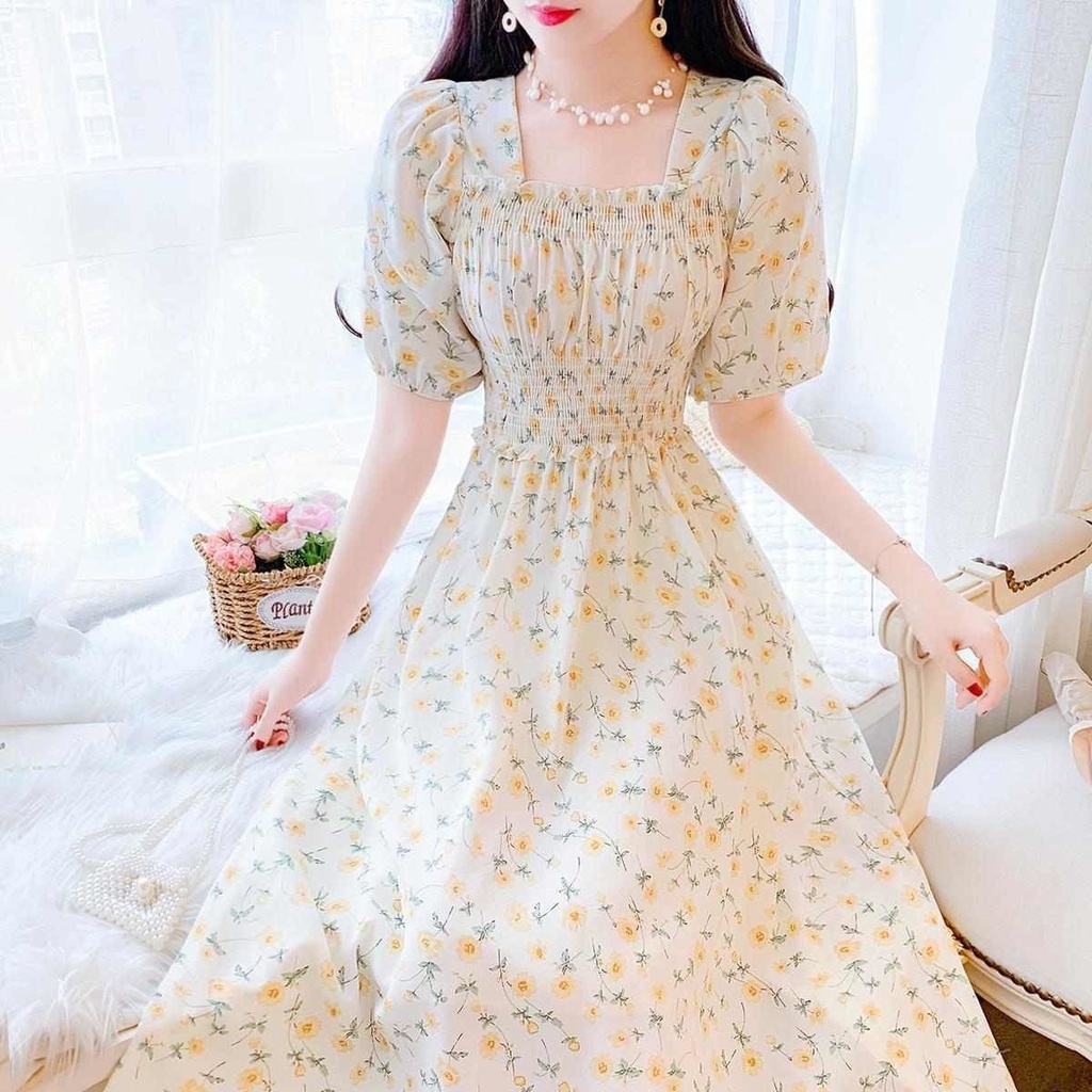 Chiffon French Floral Dress Square Neck Puff Sleeves A-Line Skirt ...