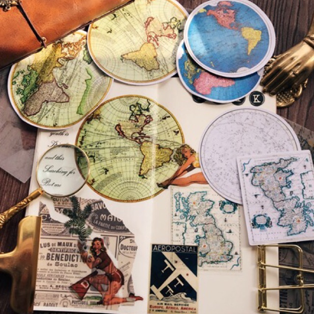 Sticker pack: 6pcs big size vintage globe map washi stickers ...