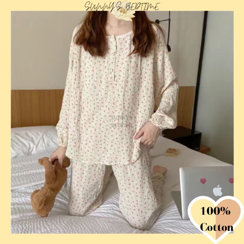 SUNNY 100% Cotton Long Sleeve Pyjamas Cherry Cute Pajamas Ins Style ...