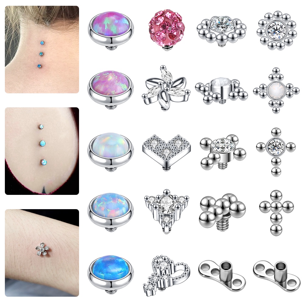 1 Pc Flower Heart Crystal Dermal Piercing Opal Dermal Anchor Tops Gem Skin Diver Stainless Steel