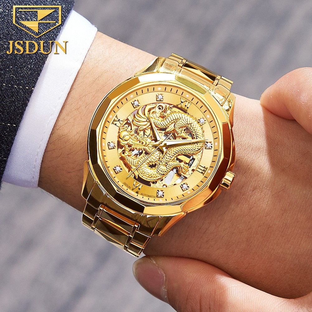 Men Watches JSDUN 8840 Golden Chinese Dragon Mechanical Wrist