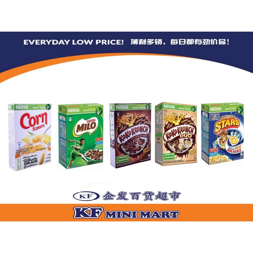 CLEAR STOCK NESTLE WHOLE GRAIN CORN FLAKES 275G MILO CEREAL 330G KOKO