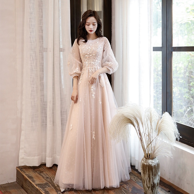 Elegant Champagne Pink Evening Dress Long sleeved Fairy