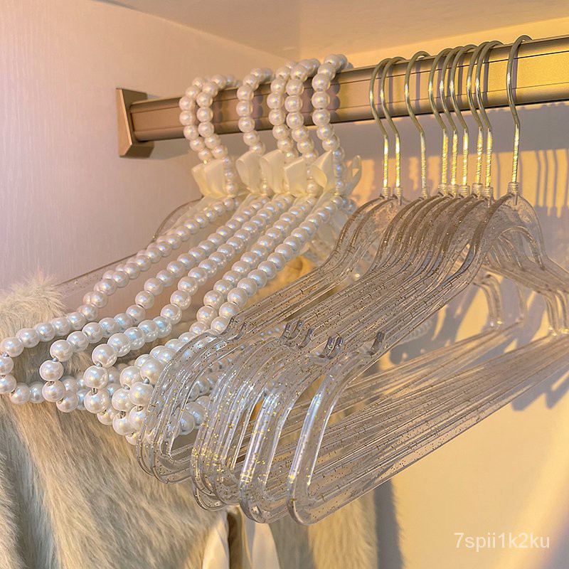 insWind Glitter Transparent Plastic Clothes Hanger Girl Heart Pearl Fairy Clothes Hanger Hanger