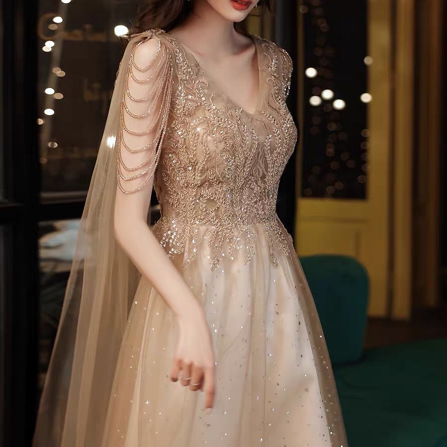 Champagne Gold Evening Dresses With Cape A Line Sexy V neck A line