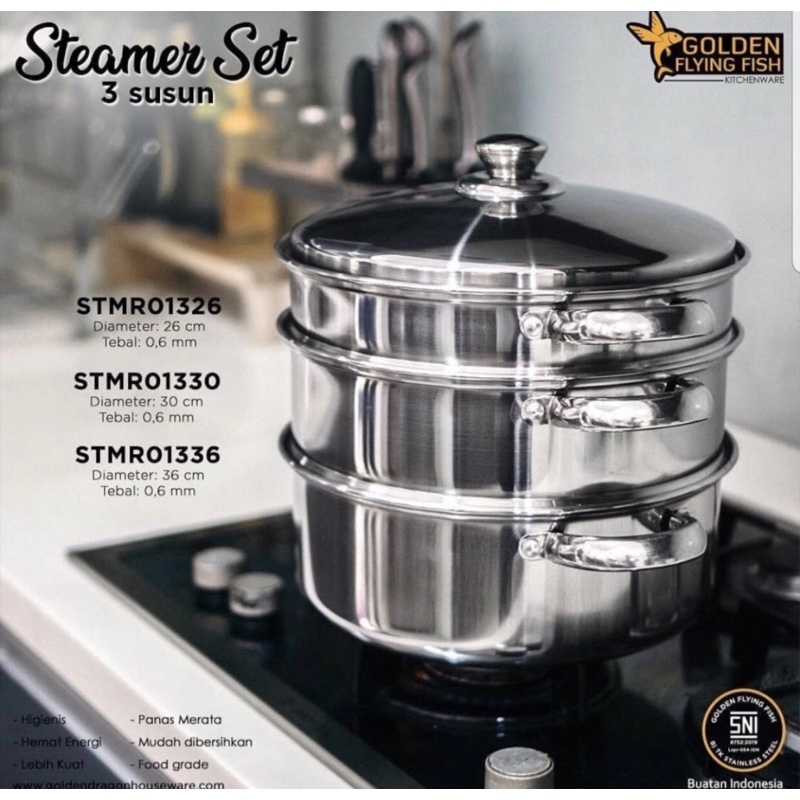 Golden Flying Fish - 3 Tier Steamer Pan 26cm - 3 Tier Stainless Steel ...