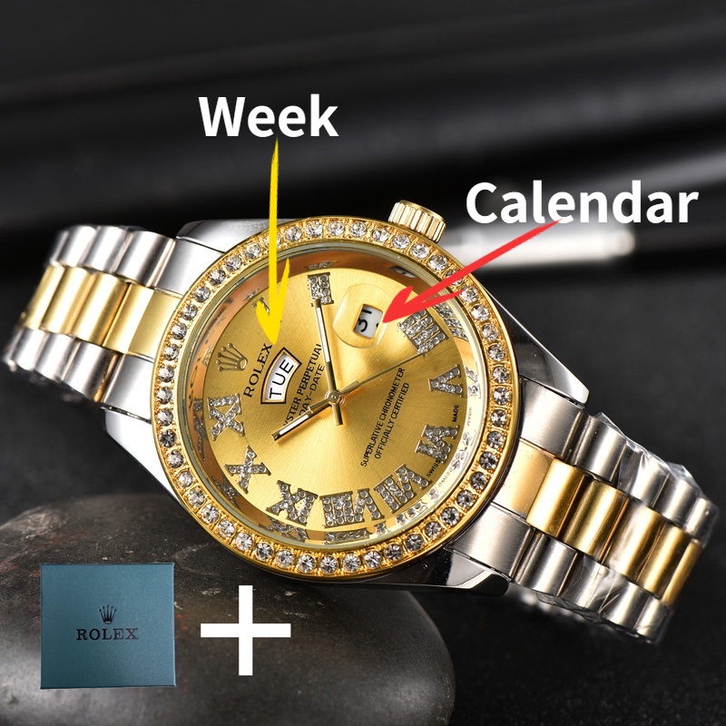 Fashion Women Watch Roman Week Calendar Diamond Dial Stainless Steel ...