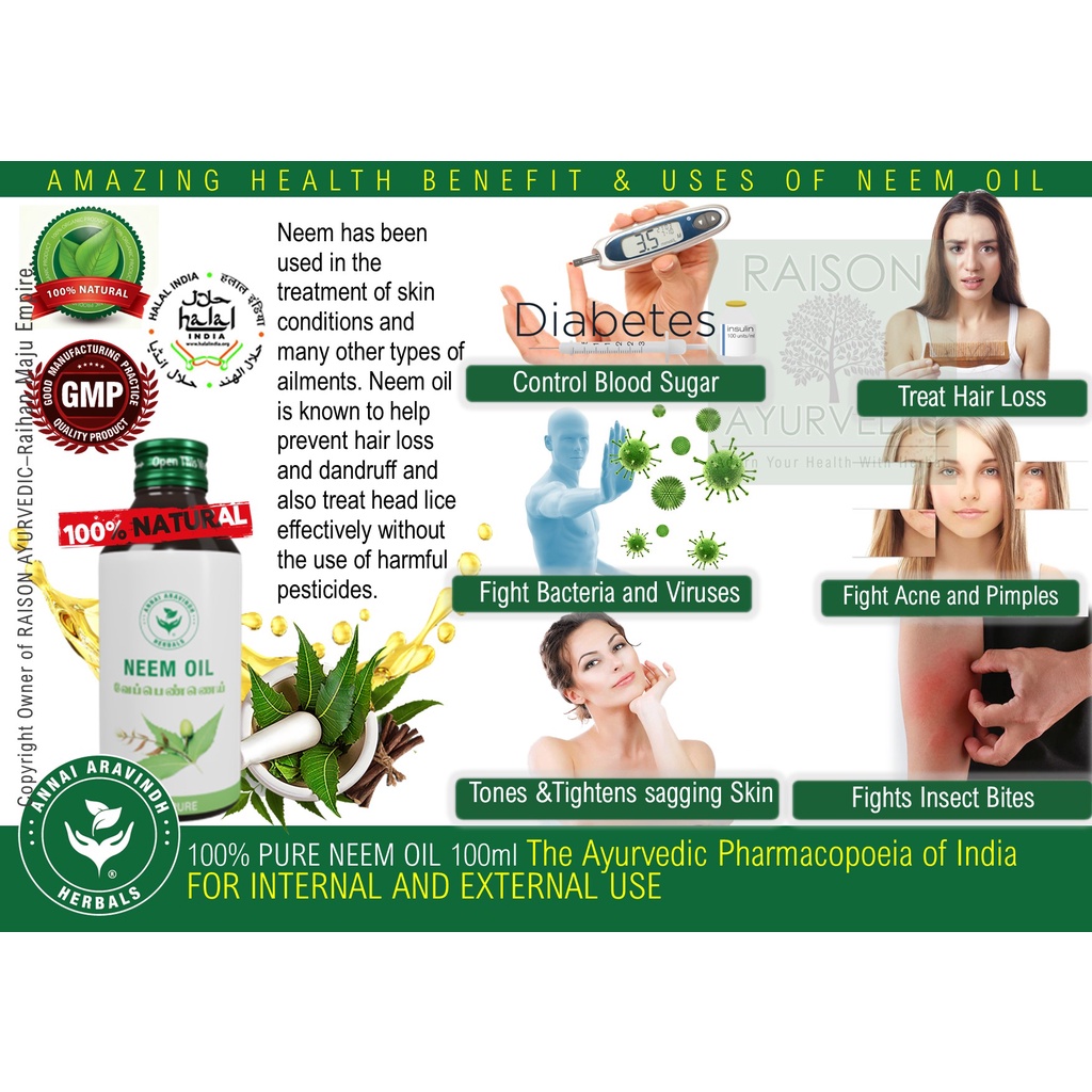 NEEM OIL 100ml 100 PURE The Ayurvedic Pharmacopoeia of India FOR INTERNAL AND EXTERNAL USE