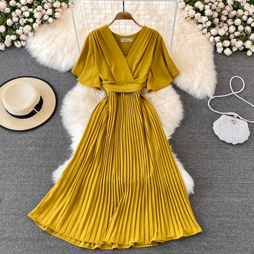 fashion pleated dress summer women elegant short sleeve v neck korean  casual dresses woman high waist a line dress | Shopee Malaysia