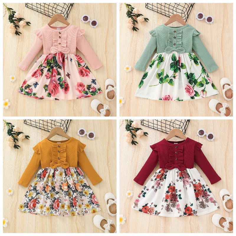 Vintage Korean Style Floral Long Sleeve 2 Pcs Baby Girls Dress & Legging Set  Baju Budak Perempuan Kids Clothing QY169