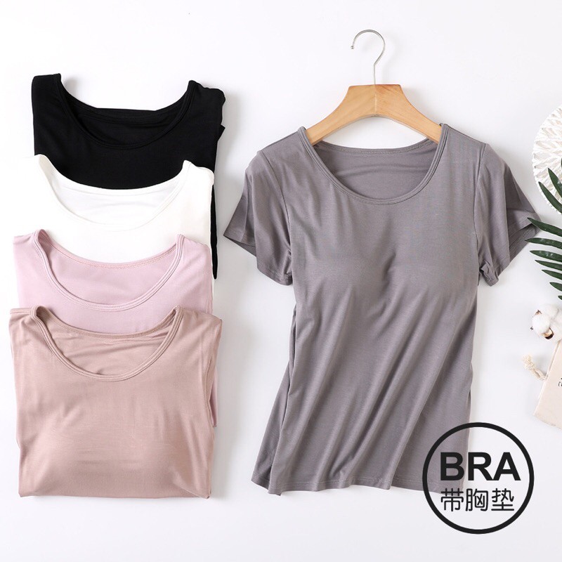 Uniqlo style modal build in bra support home t shirt | Shopee Malaysia