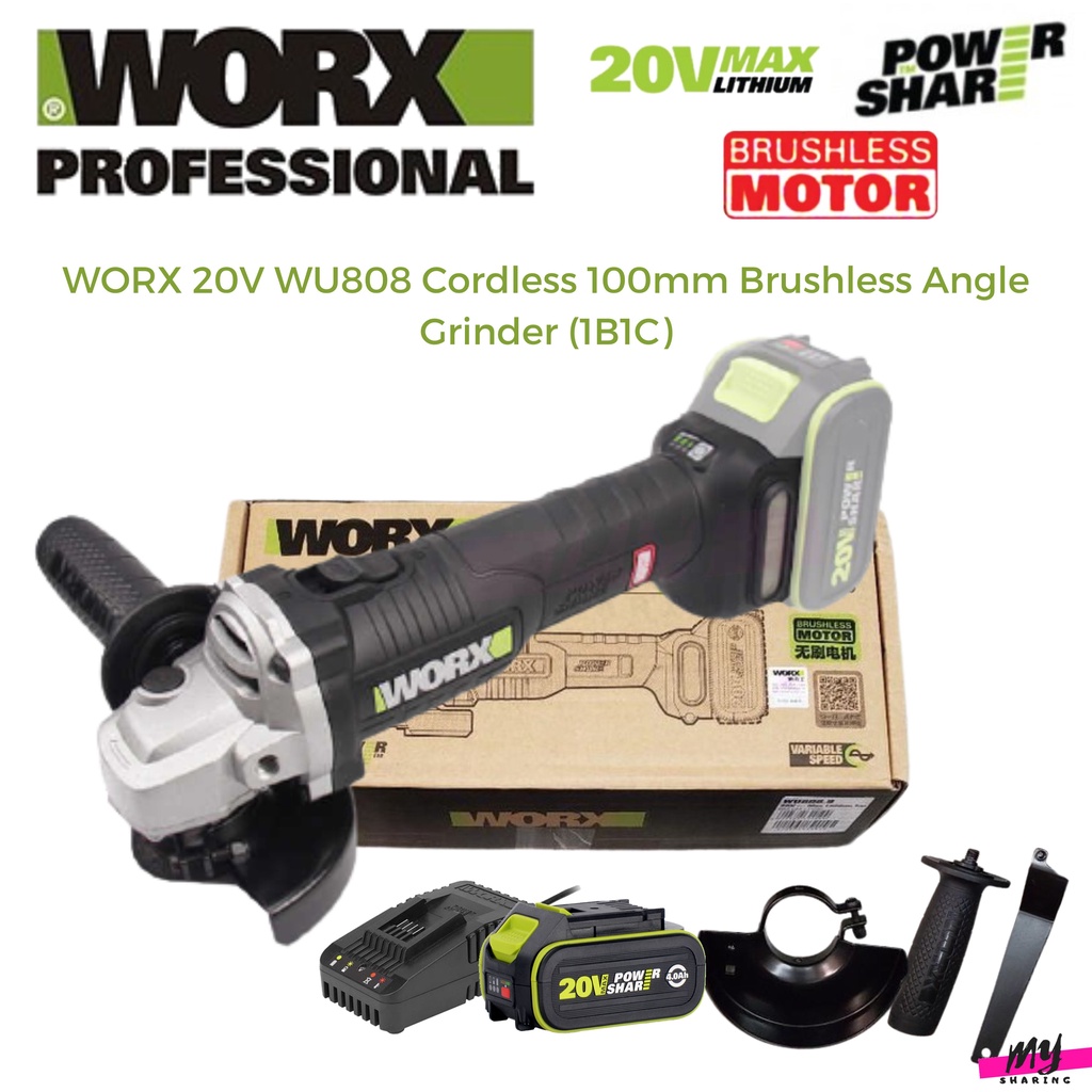 WORX 20V WU808 Cordless 100mm Brushless Angle Grinder (1B1C) | Shopee ...