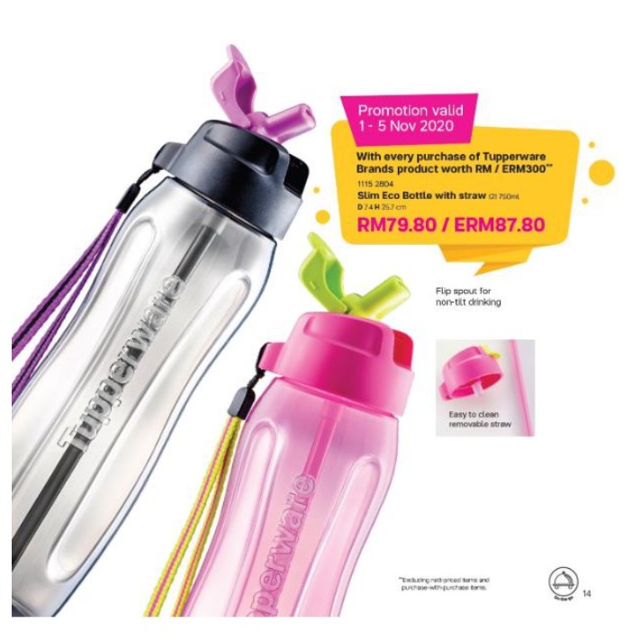 Tupperware Slim Eco Bottle with straw 750ml (2pcs) | Shopee Malaysia