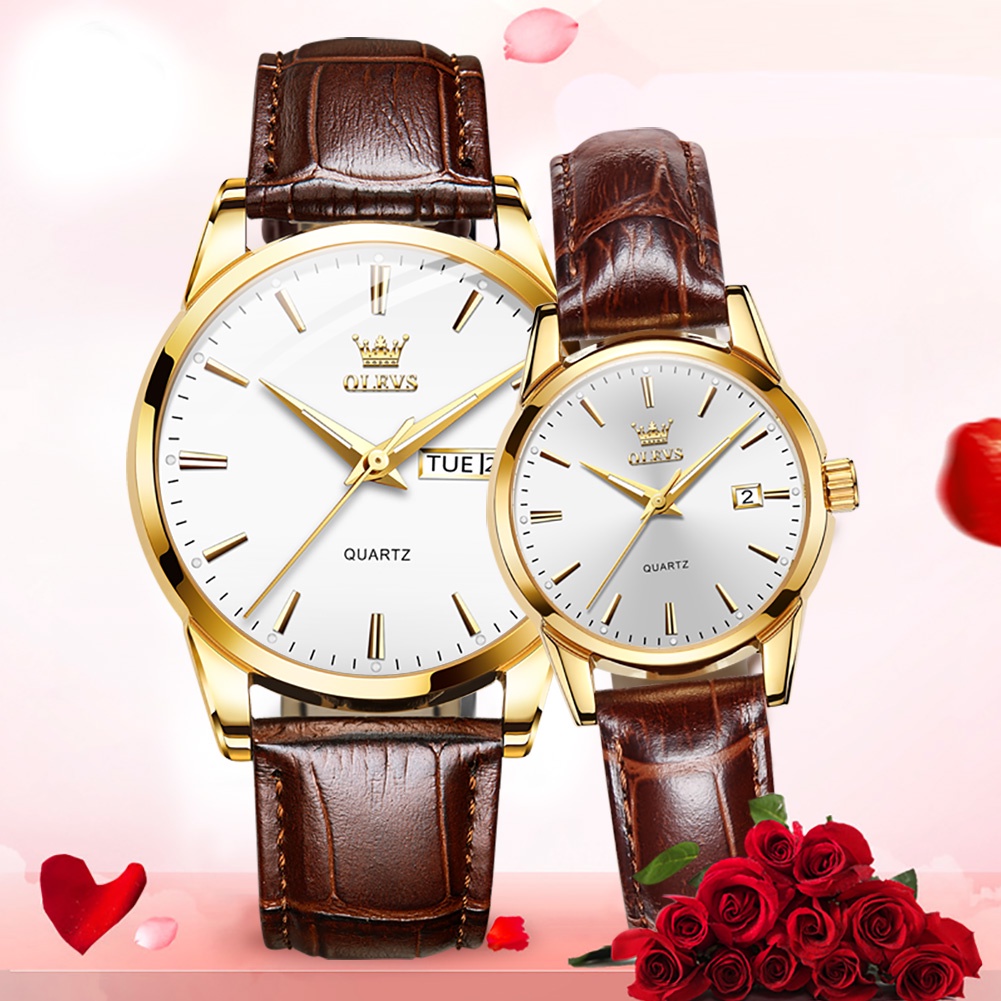 Original OLEVS Jam Tangan Couple Watch Men Brown Leather Couple