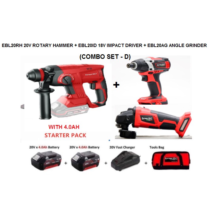 EUROPA HILT 20V CORDLESS ROTARY HAMMER/ IMPACT DRIVER/ ANGLE GRINDER WITH STARTER KIT COMBO SET
