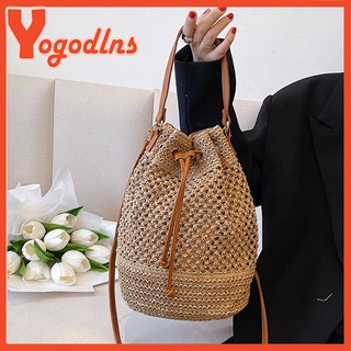 Cheap Yogodlns Straw Bag Women Hand-Woven Handbag Moon Shape Lace Bow  Rattan Bag Big Capacity Drawstring Casual Beach Shoulder Crossbody Bag