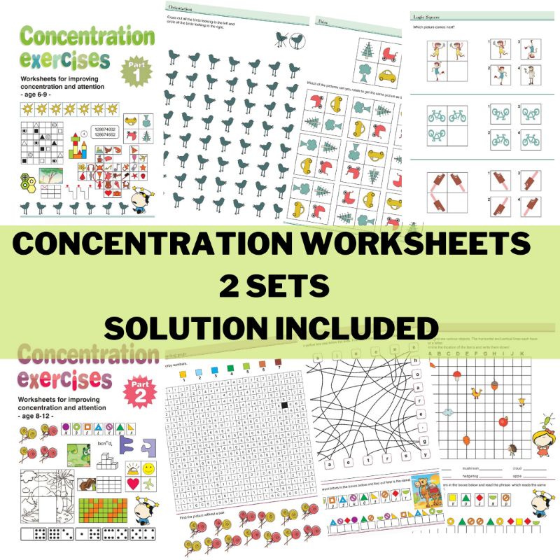 396 Concentration Exercises Worksheet (PDF) 2 Sets With Solution For ...