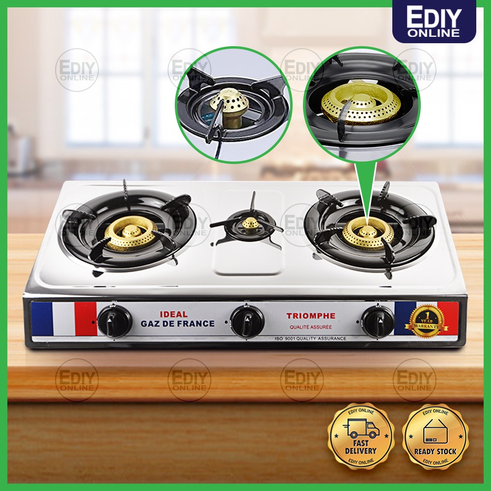 3 burner gas top stove stainless steel