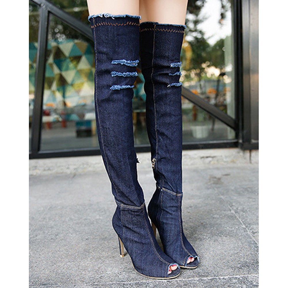 Denim over the knee peep toe boots best sale