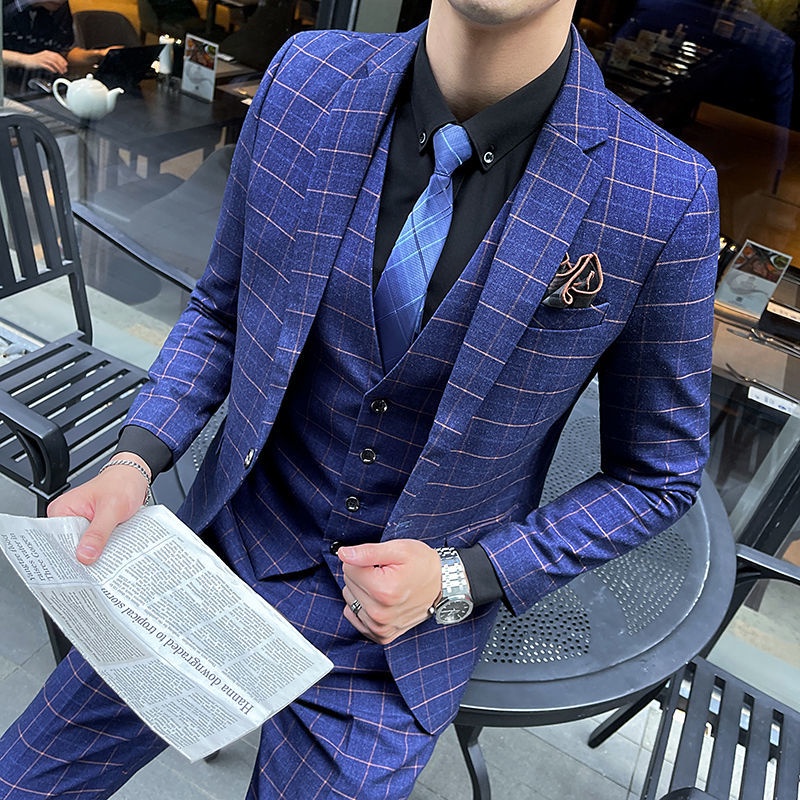 Men's Business Casual Suits, Men's Korean Version Of The Self-Cultivation Wedding Groom Suit Dress Three-Piece Suit