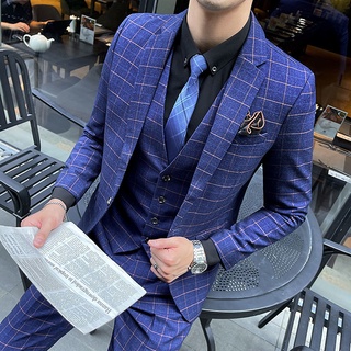 2021 High Quality Slim Fit British Style 3 Pieces Plaid Suit
