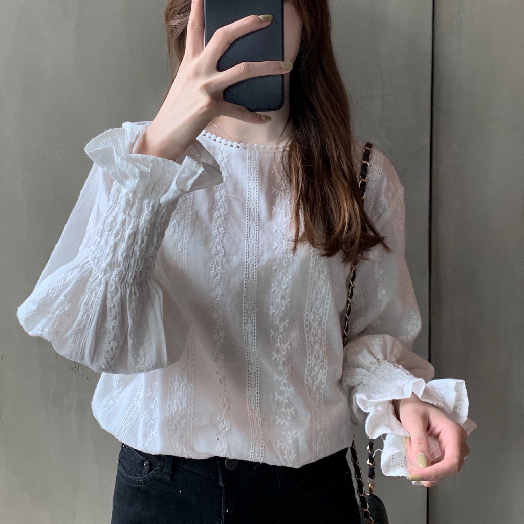 Korean fashion Women clothing 3/4 sleeve lace blouse Autumn White ...