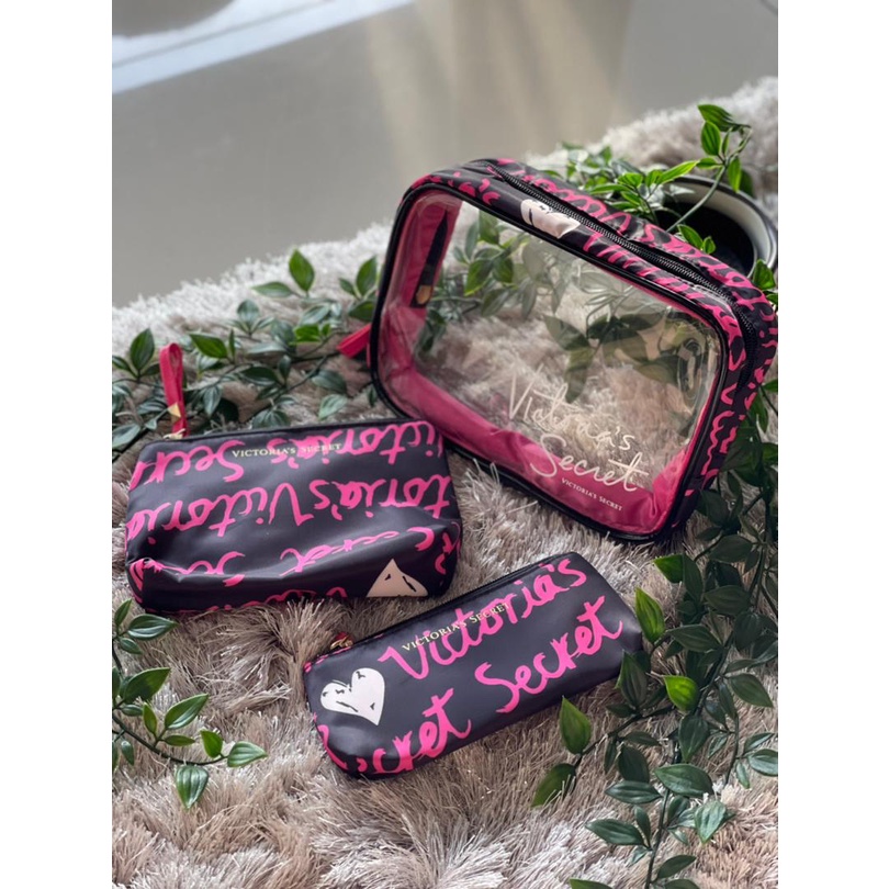 Victoria's Secret Makeup Pouch Bag 3 in 1 [ BLACK & PINK ]