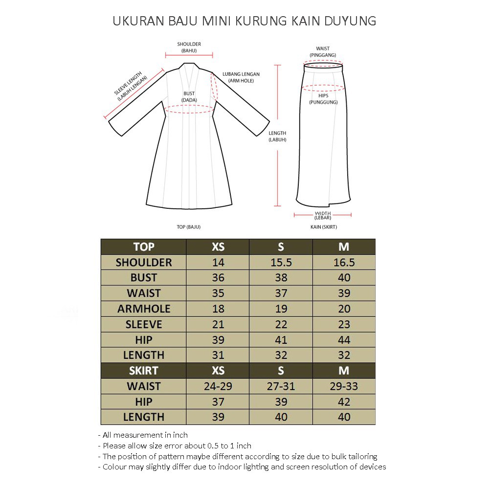 J/X Mini Kurung Ironless Material Swiss Cotton MNK10 (XS, S, M ...