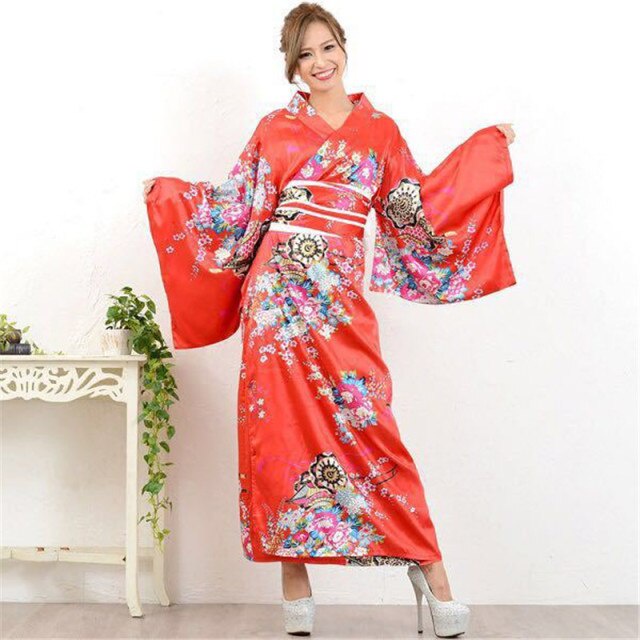 Women Sexy Kimono Yukata With Obi Floral Printed Novelty Evening Dress Japanese Cosplay Costume 3601