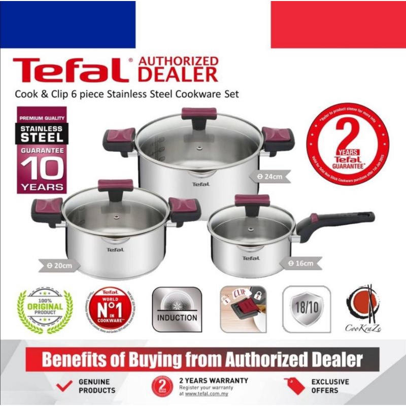 TEFAL COOK & CLIP 6 PIECE STAINLESS STEEL COOKWARE SET G723S6 G723S674 ...