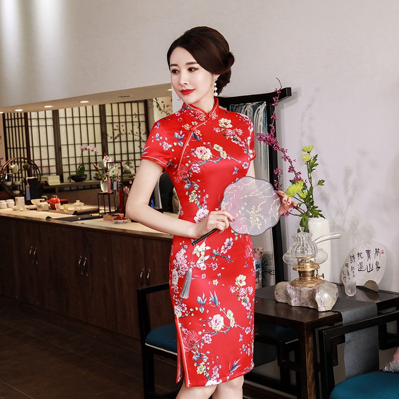 2020 New Summer Short Cheongsam Dress Floral Slim Vintage Plus Size Qipao  Dresses 4XL