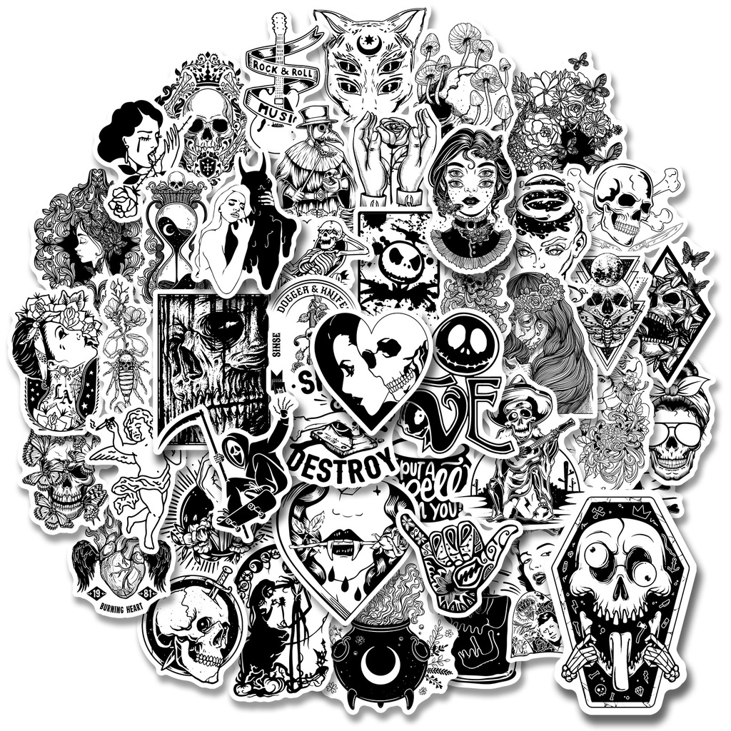 50pcs Cool Goth Stickers Pack Scrapbooking Skull Stickers Black