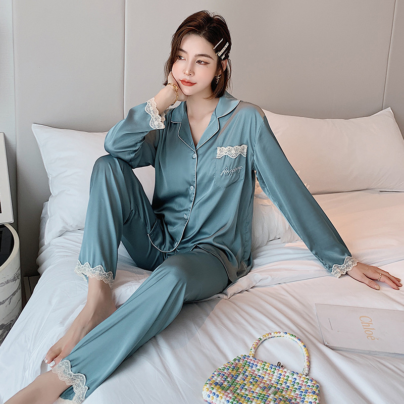 Spring New Ice Silk Lace Pajama Set Women s Summer Long Sleeve Thin Silk Fashion Two piece Suit Pyjamas Shopee Malaysia