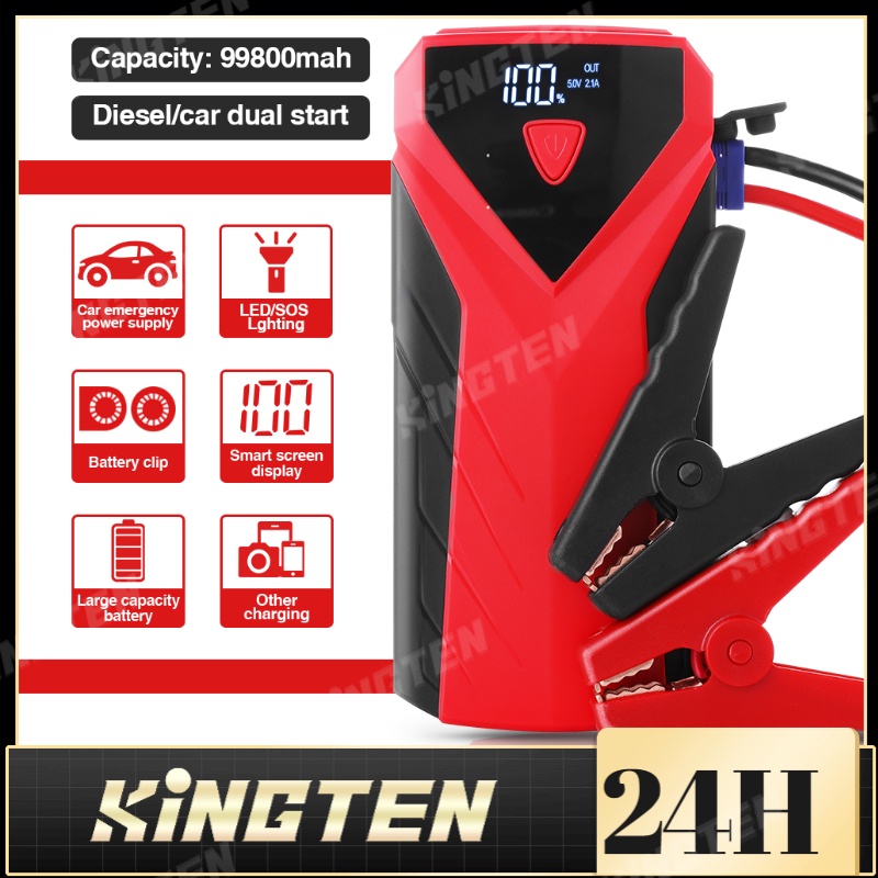 KINGTEN®128000Mah 12V Car Emergency Start Power Supply Jump Starter Red  Multifunctional Power Bank Lompat Permulaan