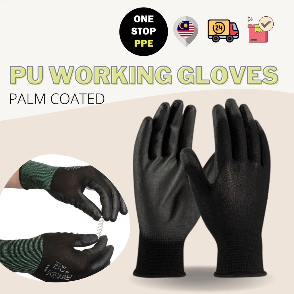 [OneStopPPE] Black/Grey PU Polyurethane Working Glove Palm Coated Glove ...