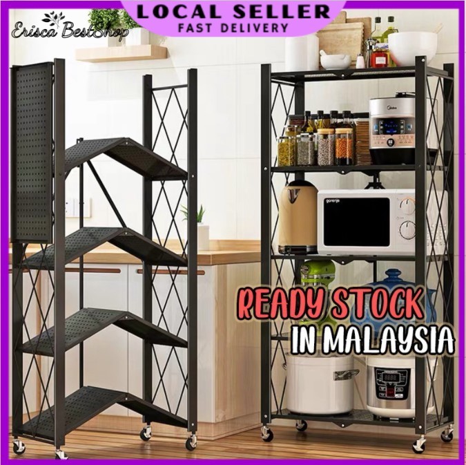Foldable Stainless Steel Rack Wheeled Oven Kitchen Shelves Rack Storage ...