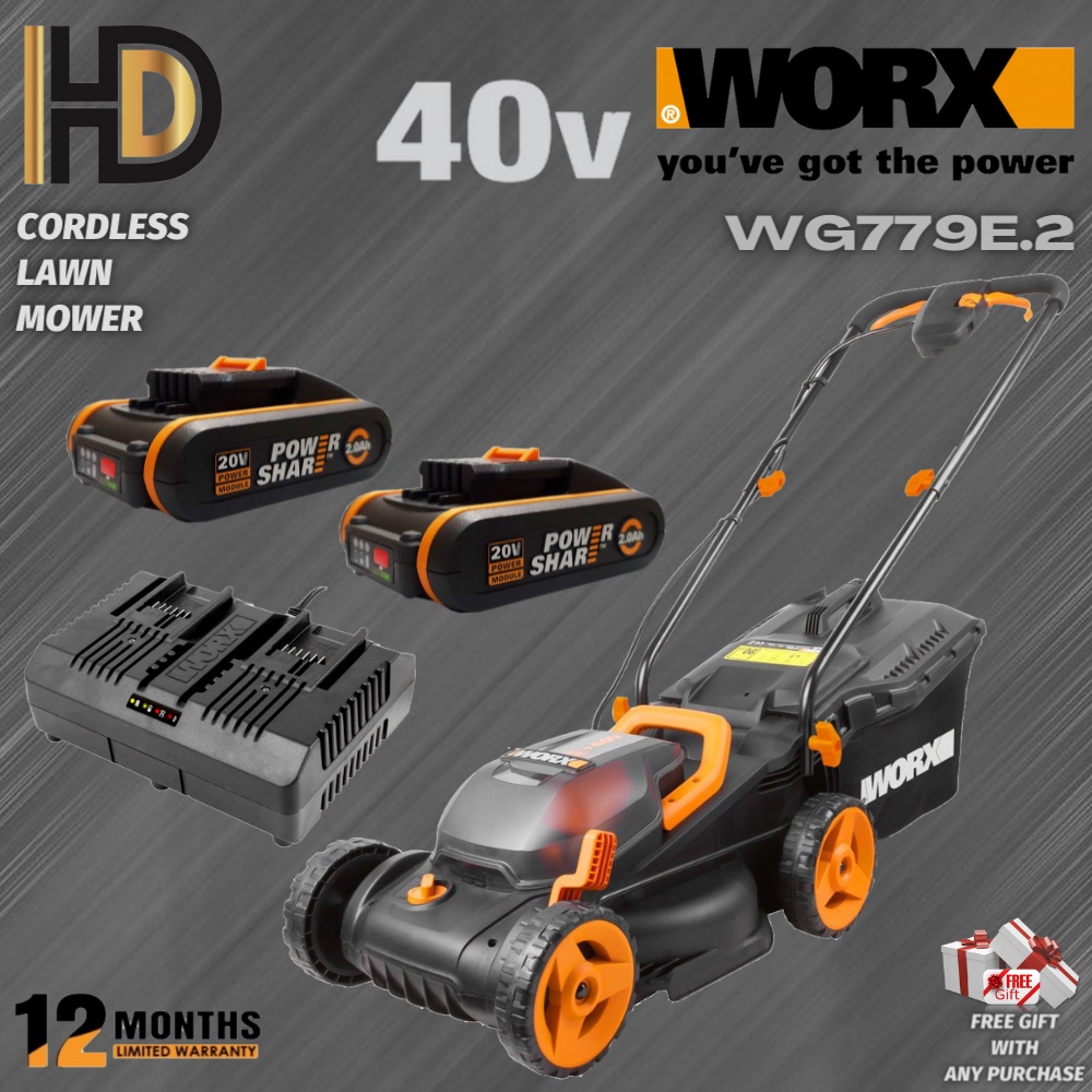 WORX 40V ( 20V x 2 ) WG779E.2 Cordless 33CM Lawn Mower With Intellicut ...