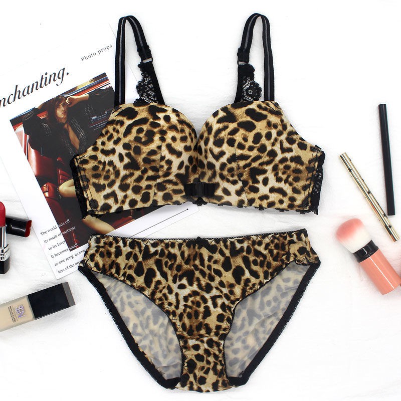 Beautiful back leopard print bra set female no steel ring front buckle  underwear