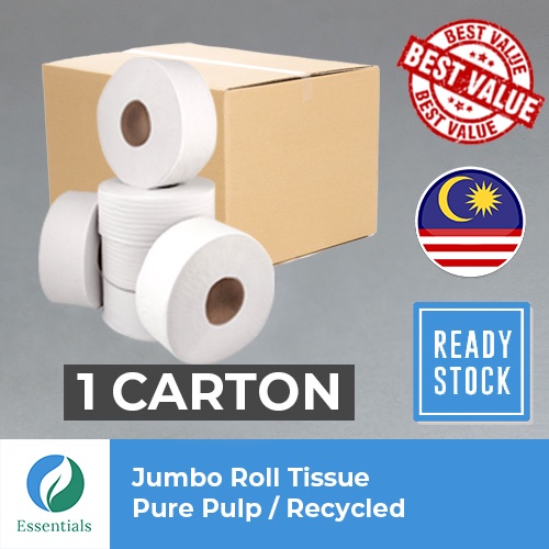 [12 ROLLS] Essentials Jumbo Roll Tissue (JRT) 2-Ply, Pure Pulp or ...