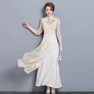 Cheongsam Top Tea Length Vietnam Ao Dai Floral Dress