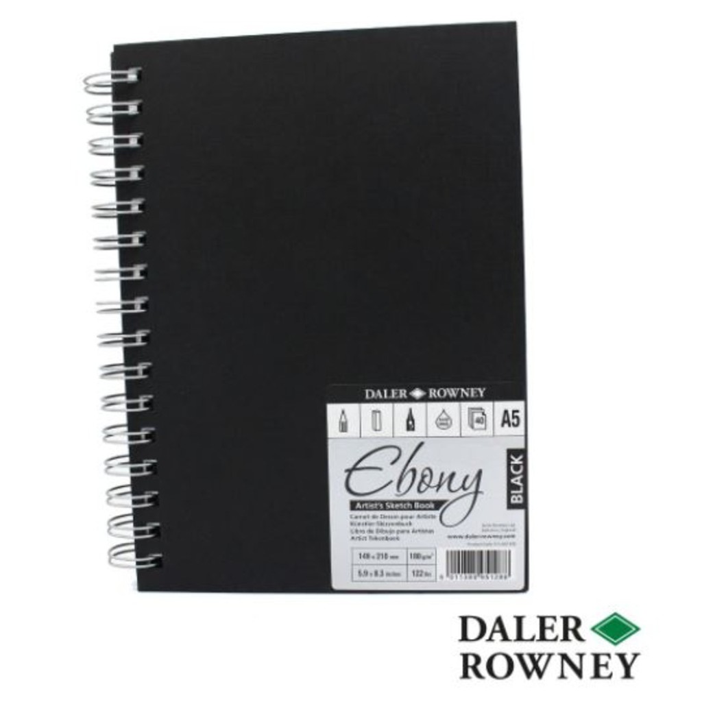 Daler-Rowney Ebony schetsboek, glad oppervlak, 160 g, spiraalbinding, hardcover, 20 x 20 cm, natuurlijk wit, 54 vellen