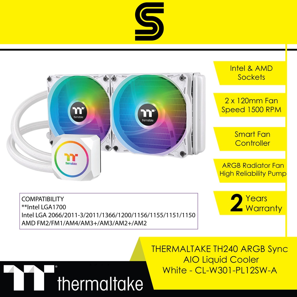THERMALTAKE TH240 ARGB Sync AIO Liquid Cooler - White - CL-W301-PL12SW ...