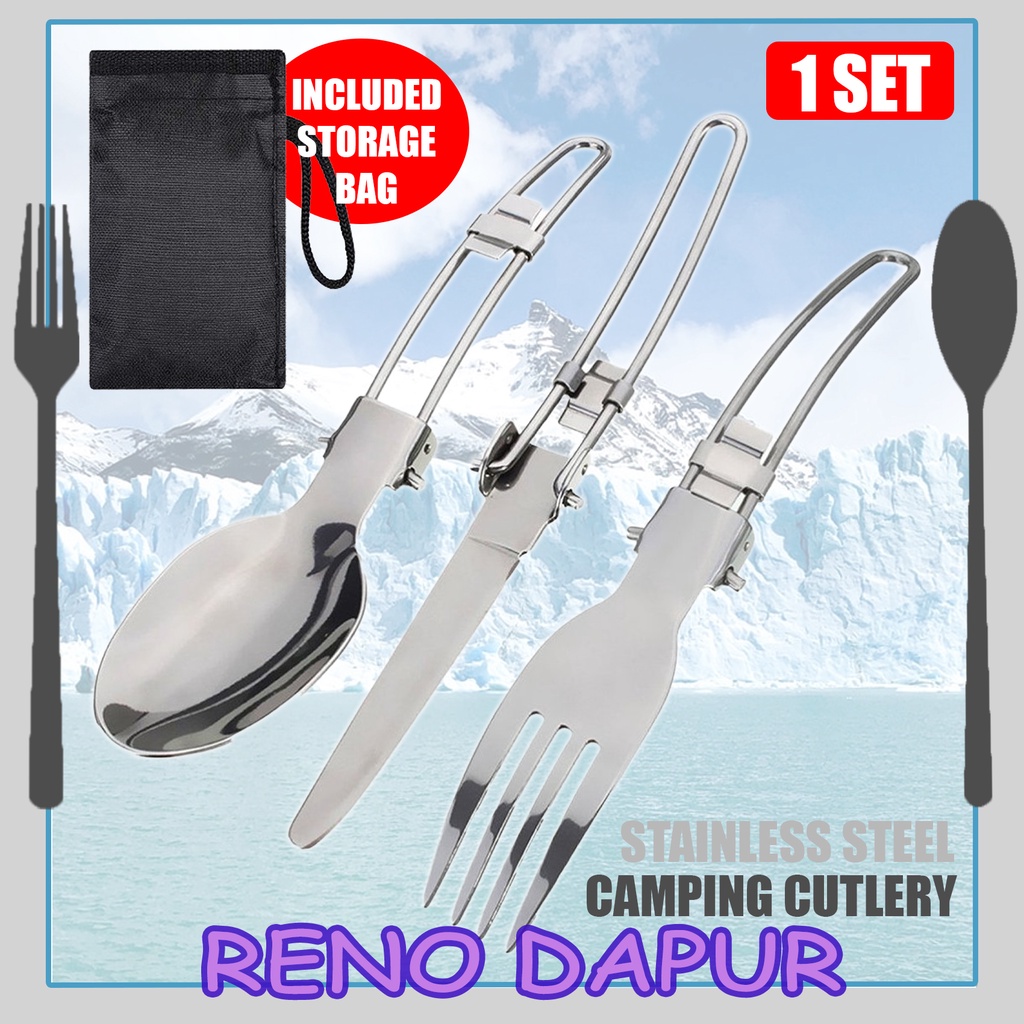 3PCS CAMPING FORK SPOON KNIFE BAG Stainless Steel Portable Camping