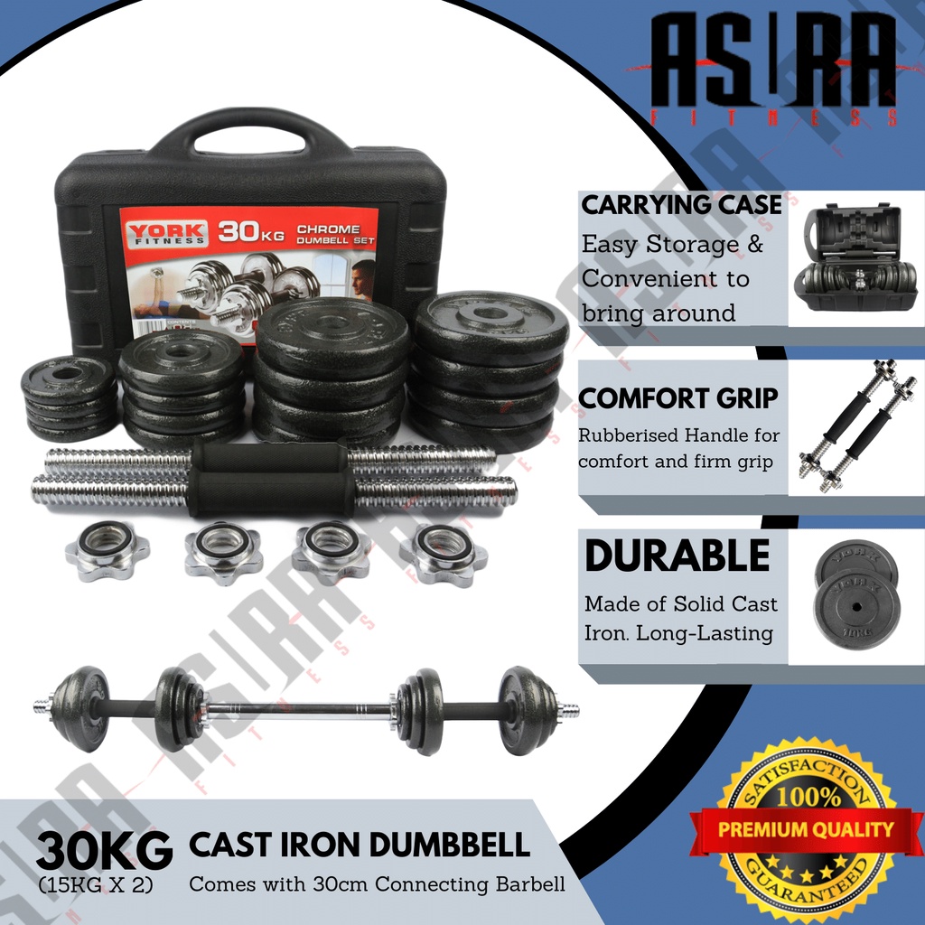 30kg Cast Iron Dumbbell Set with 30cm Barbell Connector (Black/Silver