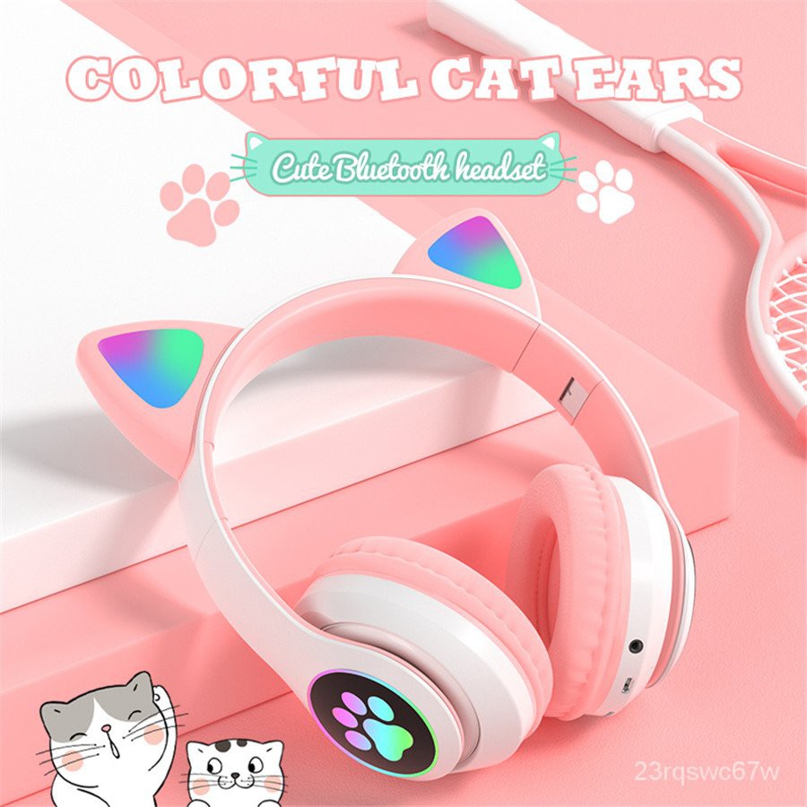 (1 Year Warranty) Cute Cat ear Bluetooth headphone Pink Headphones with ...