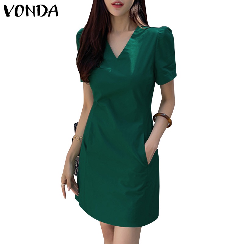 Vonda Women Korean Summer V Neck Solid Color Short Sleeve Side Pockets