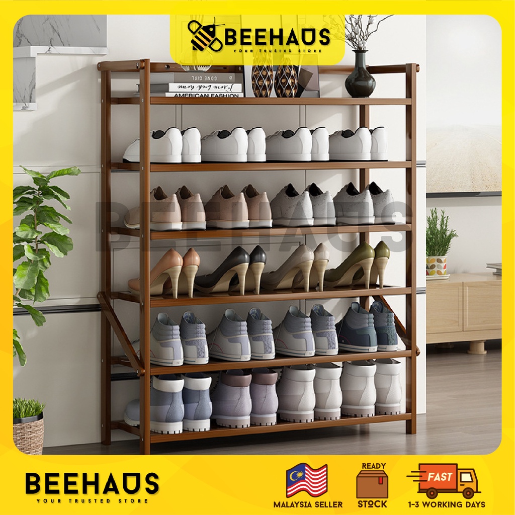 Beehaus Bamboo Flat Foldable Shoe Rack Wooden Shoe Storage Rack Shoe
