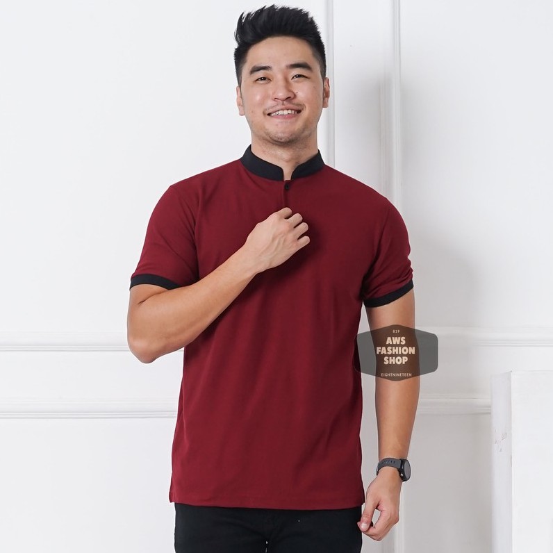 MERAH T-Shirt Men'sPOLO Shanghai Collar Short Sleeve Plain Maroon Red ...